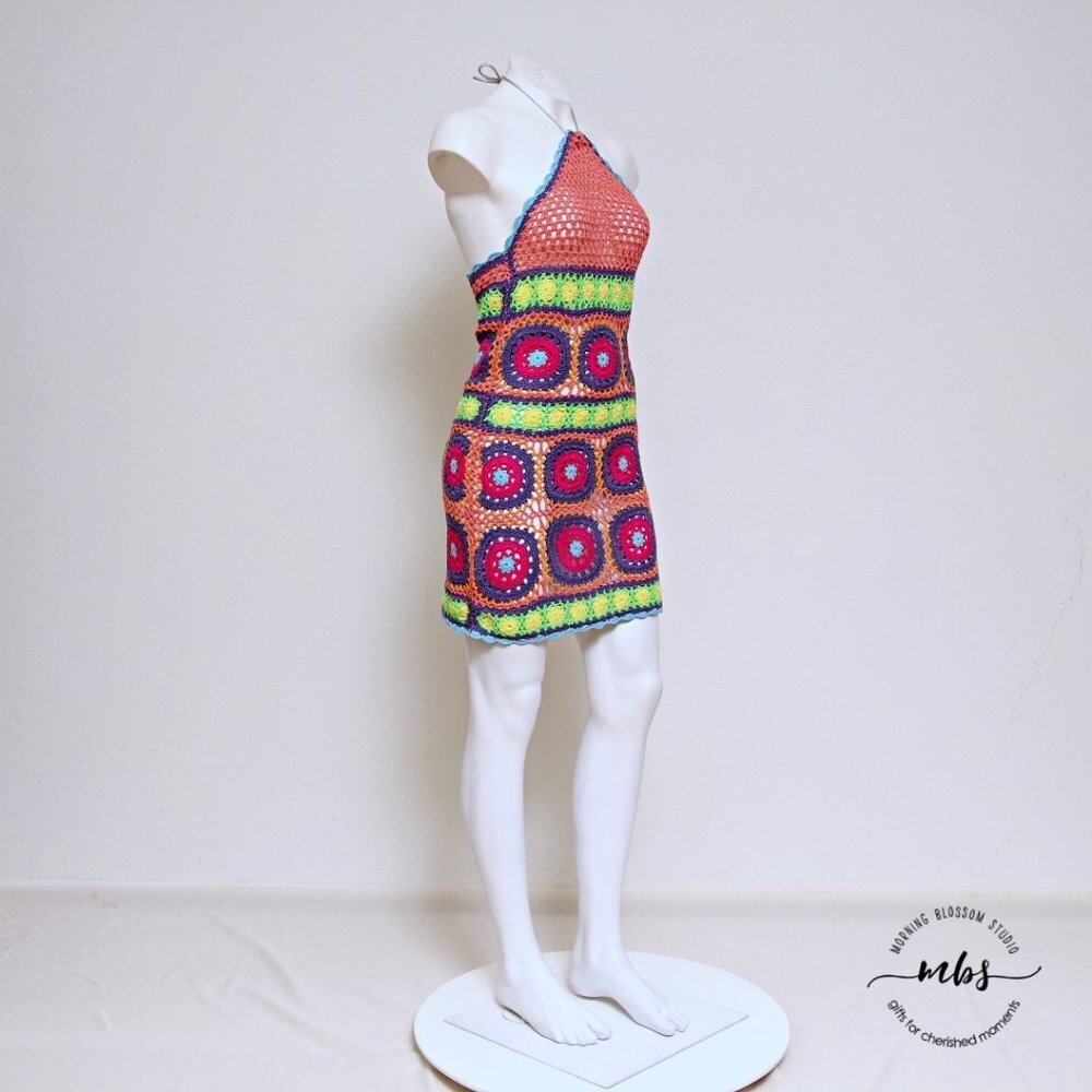 Dolls Kill Free Your Mind Crochet‎ Retro 70s Festival  Boho Halter Mini Dress S